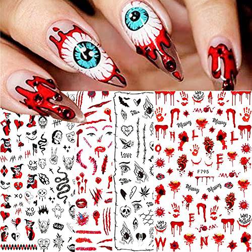 Halloween Nail Stickers, Day of The Dead Horror Nail Decals 3D Self-Adhesive Skull Bloody Ghost Bat Witch Eye Hulk Clown Red Lip Pattern Halloween Nail Art Design DIY Nail Decoration (5Sheets)