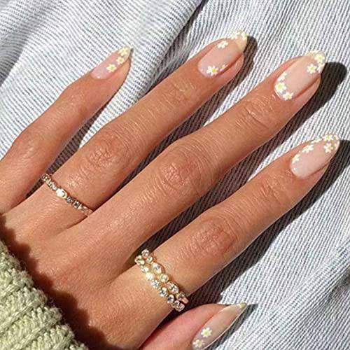 Kamize Fake Nails Medium Lenght Flower Press on Nails Almond Acrylic Full Cover False Nails for Women and Girls24PCS