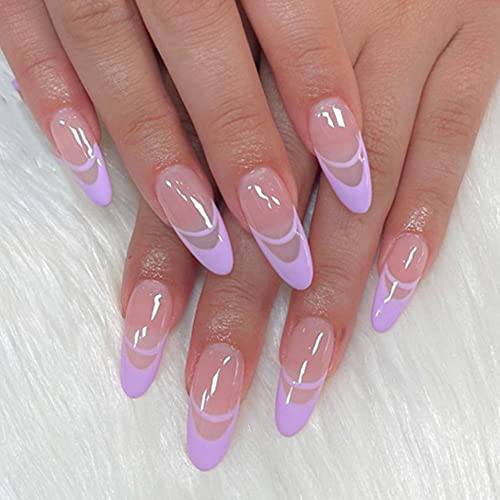 YoYoee Press on Nails Short Almond False Nails Purple Fake Nails Cute Faux Nails for Women and Girls