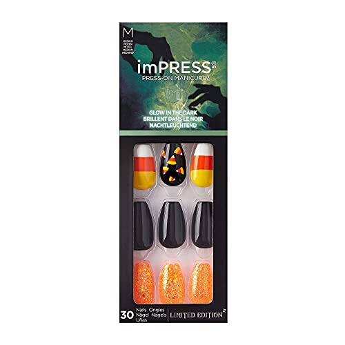 Kiss imPRESS Press on Manicure Halloween Nails - Black Wand, Medium Length, Coffin Shape, 30 Fake Nails