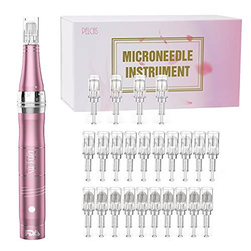 PELCAS Electric Cordless Microneedling Pen With 24 Pcs Replacement Cartridges, Adjustable 0.25mm Microneedle Dermapen Easy to Use at Home