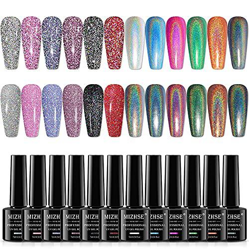 MIZHSE Holographic Gel Polish Set, Reflective Glitter Gel Polish, Laser Gel Polish, Galaxy Gloss Nail Lacquer Iridescent Glitter Gel Nail Polish, Nail Art Nail Pigment Curing Required Unicorn Mirror Laser Effect Nail Gel for Salon Home Manicure-12pcs…