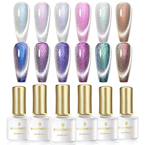 Born Pretty Magnetic Gel Polish Set,Auroras Cat Glitter Gel Polish LED Gel Nail Art Manicure Kit 6Pcs 7ML