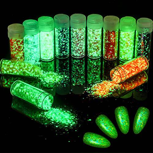 12 Colors Halloween Glow in The Dark Glitter Luminous Nail Glitter Holographic Glitter Nail Sequins Chunky Shiny Nail Powder for Christmas Body Eye Hair Nail Decoration