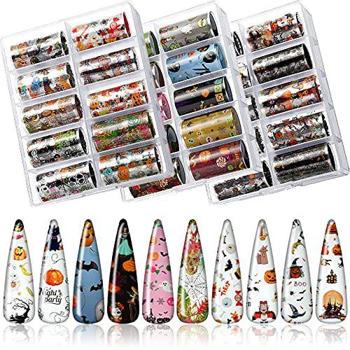 30 Rolls Halloween Nail Foil Transfer Stickers Halloween Nail Art Sticker Set Skull Pumpkin Nail Foils Decals Wraps for Halloween Festival Party Nail DIY Decorations