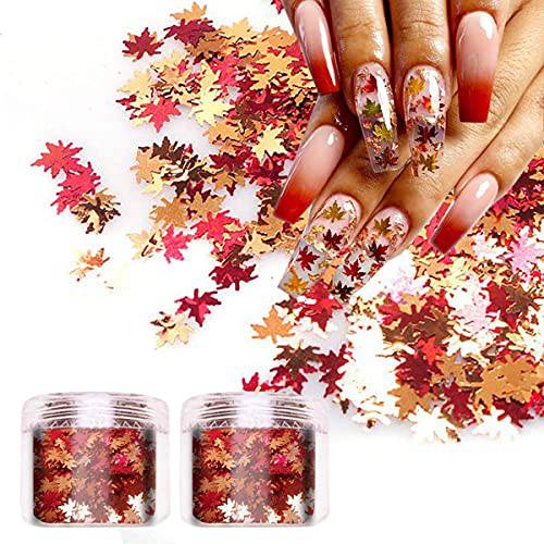 Maple Leaves Nail Art Holographic Glitter Nail Sequins 2 Pot Fall Maple Leaf Shaped Flakes Red Yellow Orange 3D Mixed Metallic Maple Glitter Nail Art Design Spangles for Acrylic Nail Art Decoration