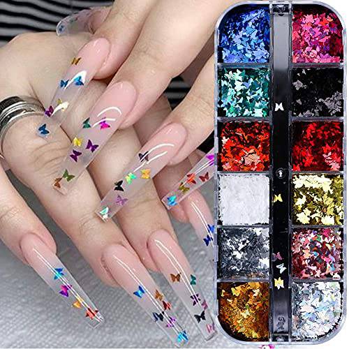 KANGM 3D Butterfly Nail Glitter Sequins Laser Butterfly Nail Art Supplies 12 Colors Holographic Nail Sequin Butterfly Nails Supply Design Colorful Flakes Nail Art Manicure Tips Decoration