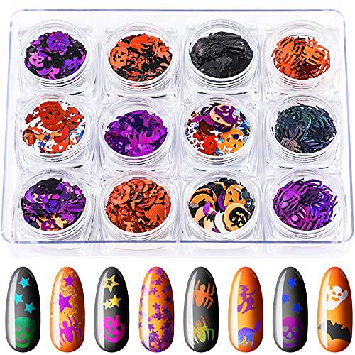 12 Boxes Halloween Nail Art Glitter Sequins Halloween Confetti Glitters Pumpkin Nail Sequins Halloween Holographic Nail Paillette 3D Holographic Nail Glitter for Women Ladies Manicure (Fresh Style)
