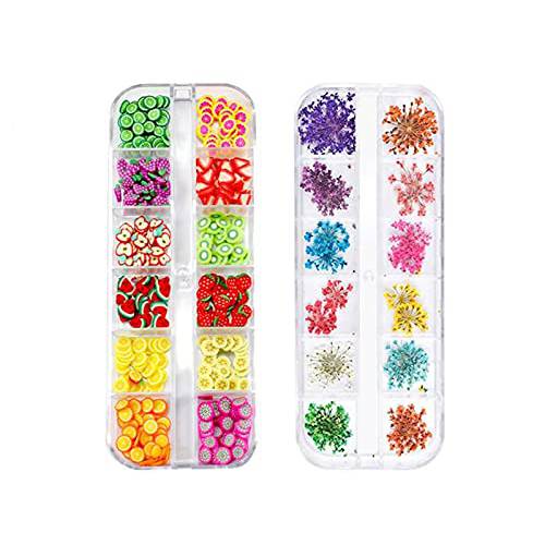 Sinen 1 Box Dried Flowers and 1 Box Fruit Slices for Nail Art, 3D Dry Flowers Nail Stickers ,Colorful Natural Real Flower Nail Decals, Fruit Fimo Slices Charms Nail Art Supplies Slime Accessories for DIY Crafts Nail Art Decoration