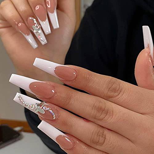 Outyua French Designer Press on Nails Coffin Glossy Butterfly Rhinstone Extra Long False Nails with Design Acrylic Full Cover Artificial Nails for Women and Girls 24pcs
