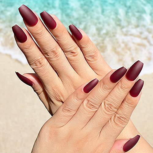 DazzyD Red Press On Nails Short (24 Pcs) No Glue Needed, Maroon Matte Solid Color Stick on Coffin Nails set, Reusable Square Medium Nails with Prep Pad, Nail File, Cuticle Stick