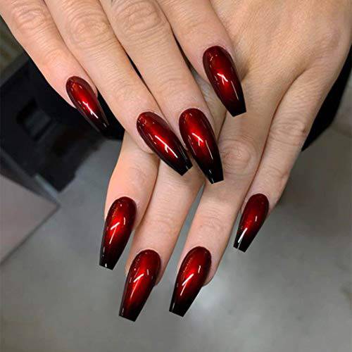 CLOACE Long Coffin Press on Nails Red Ombre Fake Nails Glossy Ballerina False Nails Gradeint Full Cover Acrylic Nails Party Nails for Women and Girls (Pack of 24)