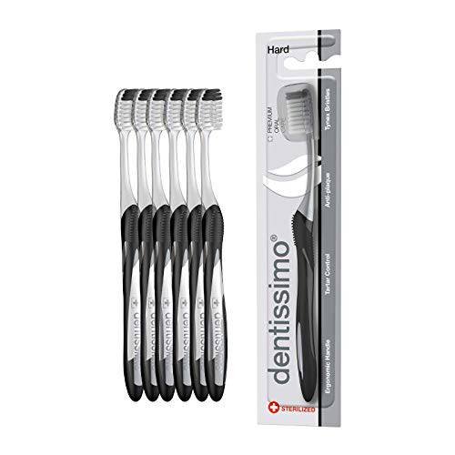 DENTISSIMO SWISS BIODENT Premium Oral Care Hard Bristle Toothbrush with Ergonomic Handle, Anthracite, Pack of 6