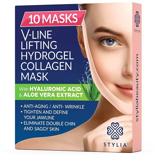 10 Piece V Line Shaping Face Masks – Double Chin Reducer - Lifting Hydrogel Collagen Mask with Aloe Vera – Anti-Aging and Anti-Wrinkle Band