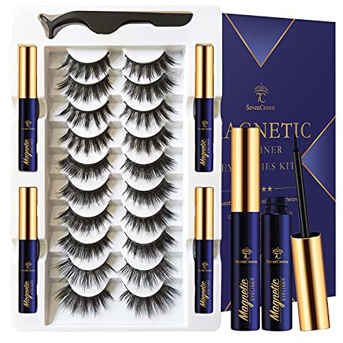 SevenCrown Magnetic Lashes with Eyeliner Kit - 10 Pairs 3D Medium Cat Eye Lashes - Upgraded Magnetic Liner Long Lasting,Natural Look - Reusable Magnetic Eyelashes Kit with Applicator, Easy to Apply