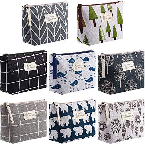 8 Pieces Canvas Cosmetic Bags Printed Makeup Bag Multi-Function Travel Organizer Pouch with Zipper for Women Girls Vacation Travel, 8 Styles