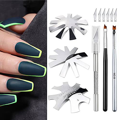 French Tip Cutter Jaywayne French Nail Cutter Acrylic Nail Plate Stainless Steel French Smile Line Cutter Manicure edge trimmer DIY Plate Module for Nail Art 9PCS French Tip Nail Guides Set