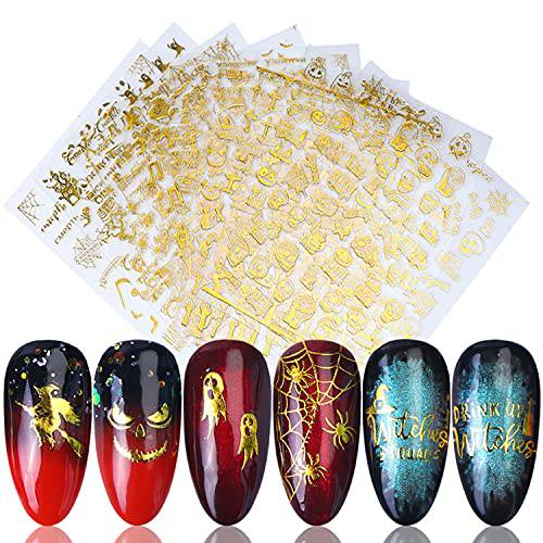 Halloween Nail Art Stickers Decals Laser Glitter 3D Self-Adhesive Nail Design Day Of The Dead Skull Witch Pumpkin Ghost Gross Eye Spider Nail Supplies for Nail Art Gel Polish Nail Decoration(9 Sheets)