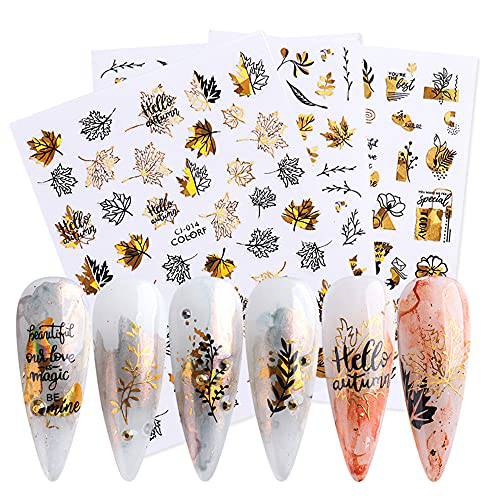 MACUR Fall Nail Art Stickers 6 Sheets Black Gold Maple Leaf Rose Butterfly Designs Decals 5D Embossed Bronzing Decor Self-Adhesive for Acrylic Nails Thanksgiving Supplies