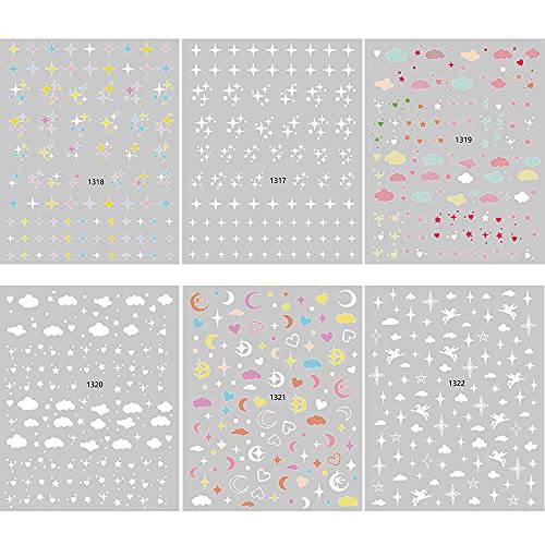 White Clouds Nail Art Stickers Decals Sparkles 3D Self-Adhesive Nail Supplies 6 Sheets Colorful Clouds Stars Moon Heart DesignNail Decoration Acrylic Nails DIY Accessories Women Manicure Tips