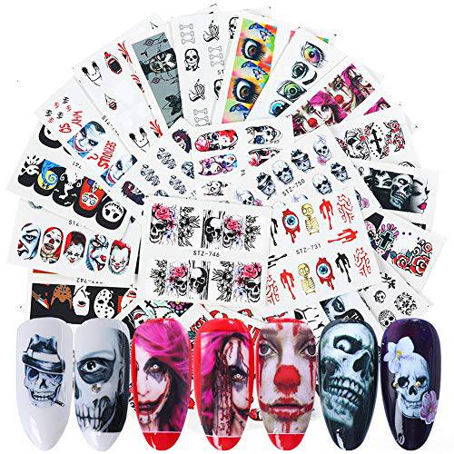 25 Sheets Halloween Nail Stickers Day of The Dead Nail Art Accessories Skull Ghost Eye Hulk Clown Witch Water Transfer Nail Decals Halloween Party Favors Supplies Manicure Tips Charms Decoration