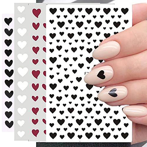 Heart Nail Decals, 4 Sheets Heart Nail Art Stickers Valentines Day Nail Art Supplies Foil 3D Self Adhesive Heart Stickers Black White Red Nail Sticker Hearts for Acrylic Nails Valentine’s Decorations