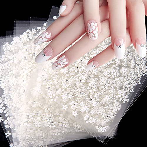 Flower Nail Art Stickers, White Nail Designs Nail Decals 3D Self Adhesive Nail Stickers Nail Art Supplies White Flower Stickers with Rhinestones for Nails Decorations Manicure Tips Charms (30sheets)