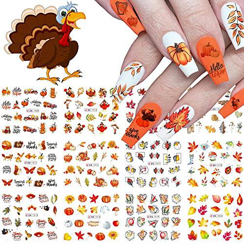 Fall Nail Art Stickers Autumn Leaves Nail Water Transfer Decals Thanksgiving Nail Art Accessories Foils Sliders Nail Water Decals Maple Leaf Pumpkin Turkey Designs for Women DIY Manicure (12 Pcs)