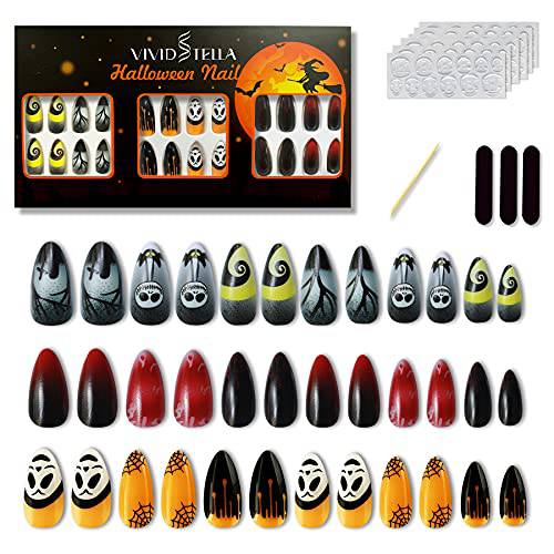 Halloween Blood Press Nails Pumpkin Ghost Full Cover Almond Tips Holiday Gothic Fake Nail Art Halloween Gifts Party Women Girls 72Pcs