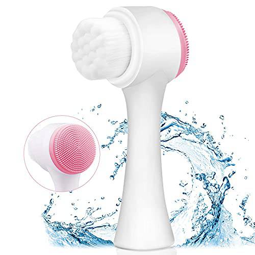 Face Brush - Manual Facial Cleansing, Double Side Skin Care Facial Cleaning Brush, Silicone Facial Scrubber Manual Dual Face Wash Brush for Deep Pore Exfoliation Makeup Massaging (Pink)
