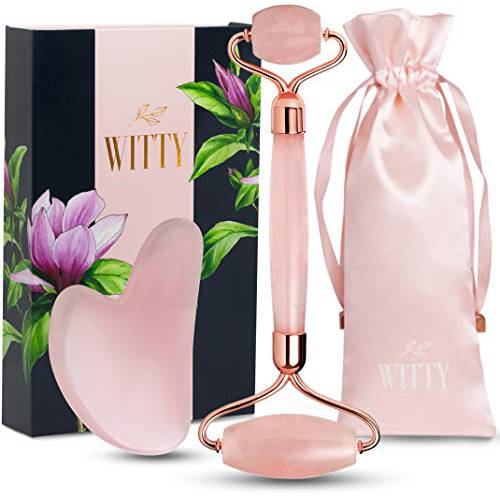 WITTY Rose Quartz Roller for Face, Gua Sha Stone Set in Hand-Drawn Giftbox - Jade Face Roller, Face Massager Roller, Face Scraper Tool - Guasha Tool for Face Roller Skin Care, Eyes, Neck - Extra Pouch