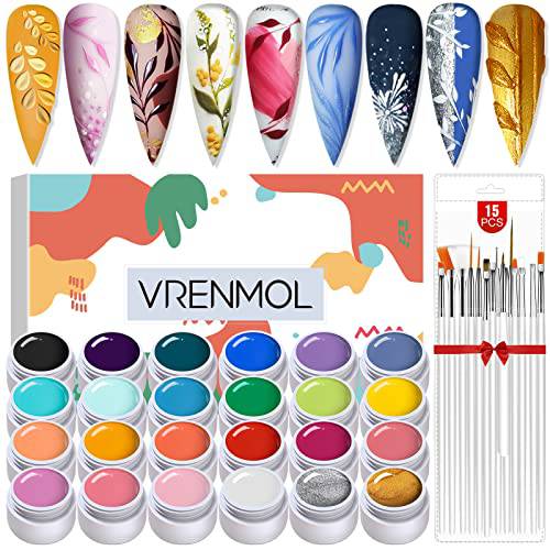 Vrenmol Gel Paint for Nail Art Kit - 24 Colors Fall Gel Nail Polish Autumn Solid Nail Art Gel Polish Set with 15pcs Painting Nail Brushes for Nail Art Design, DIY Manicure Nail Salon