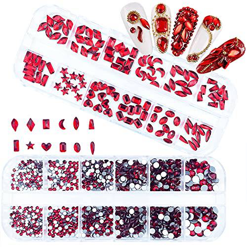 2120Pcs Red Crystal Nail Rhinestones Round Beads Flatback Glass Gems Stones Multi Shapes Sizes Rhinestones Nail Charms for Nail DIY Crafts Clothes Shoes Jewelry