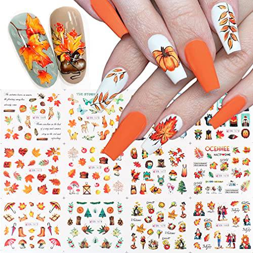 Fall Nail Art Stickers Thanksgiving Nail Decals 24 Sheets Maple Leaves Pumpkin Water Transfer Maple Leaf Turkey Pumpkin Animal Nail Design Sticker for Women Girls Fingernail Tattoos Decoration