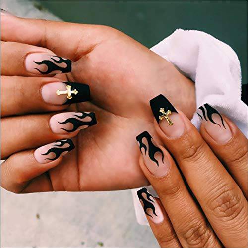 Acedre Coffin Press on Nails Long Fake Nail Flame Glossy Tips False Nail Full Cover Nail Tips Acrylic Stick on Nail Art for Women and Girls (Pack of 24)