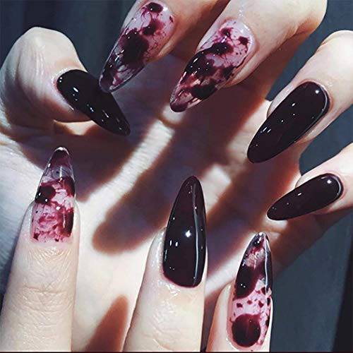 Cosydays Stiletto Punk Witches Press on Nails Black and Red Flame Marble Full Cover False Nails Glossy Fake Nail for Women and Girls (24 PCS） (A-Black and Red)