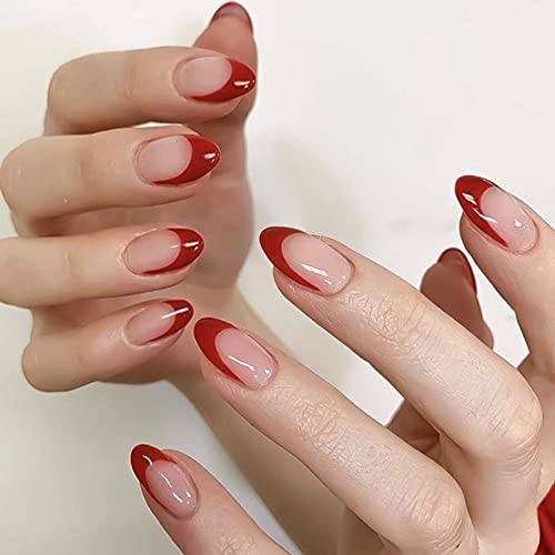 YoYoee French Press On Nails - Almond Short Fake Nails Full Coorer Acrylic False Nails Red Stick On Nails for Women and Girls（24 PCS）
