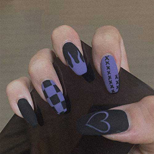 CLOACE Coffin Medium Fake Nails Black Matte Ballerina Press on Nails Purple Pink False Nails with Design Party Nails Full Cover Acrylic Nails for Women and Girls(Pack of 24)