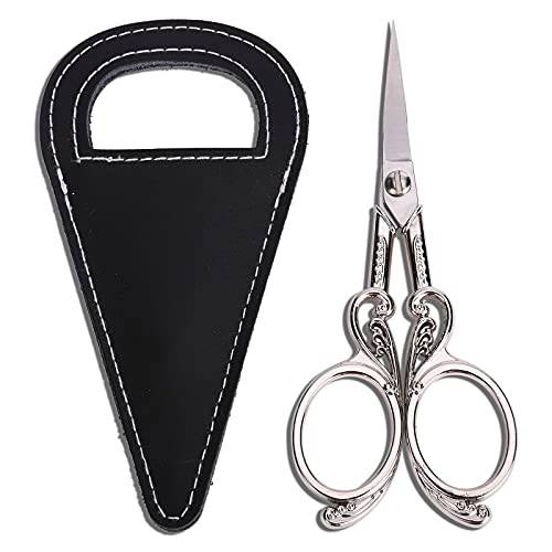 HITOPTY Small Scissors – 4.5in Sharp Straight Tip Shears, Stainless Steel Vintage Beauty Grooming Kit for Nose Hair, Eyebrow, Beard, Threads Precise Cutting w/PU Sheath