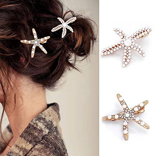 Bartosi Pearls Crystal Hair Clips Starfish Gold Hair Barrettes Bride Wedding Head Pieces Ponytail Holder Hair Accessories for Women and Girls (Pack of 2)