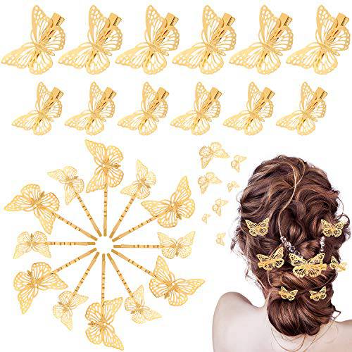 24 Pieces Halloween Butterfly Hair Clips Metal Butterfly Hair Clamps Metallic Hollow Butterfly Hairpins Clips Hair Accessories for Women Girls Weddings Bride, 2 Styles and 2 Sizes (Gold)