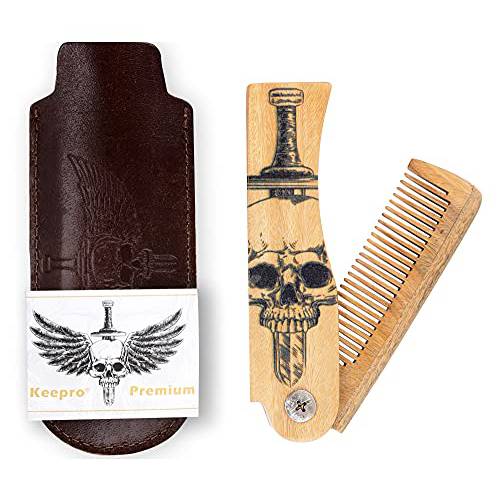 Folding Wooden Hair Comb with Wide Tooth Mens Comb for Curly Hair for Detangling Better Wooden Beard Comb for men for Beard Care idea Beard Products for Mustache ideal Dad father’s day gift for men for dad for step father for best friend for boyfriend for husband Pocket Size Travel Kit (Death Angel)