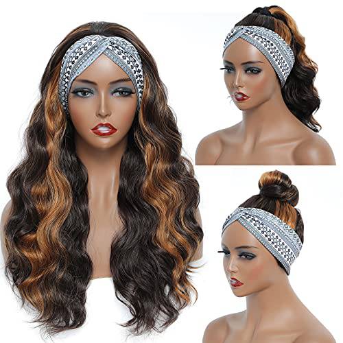 Brown Headband Wig 24 Inch Long Wavy Headband Wigs for Black Women Dark Brown Mix Blonde Highlights Loose Wave Headband Wig Synthetic Long Wigs for Women and Girls Daily Party Wear (P6/3027)