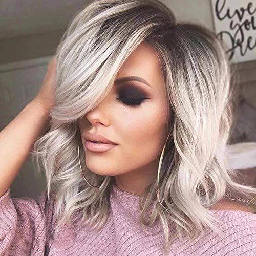 SEVENCOLORS Short Ombre Grey Wigs for White Women Natural Wavy Gray Wigs with Bangs Silver Synthetic Hair Shoulder Length Wigs 16’’