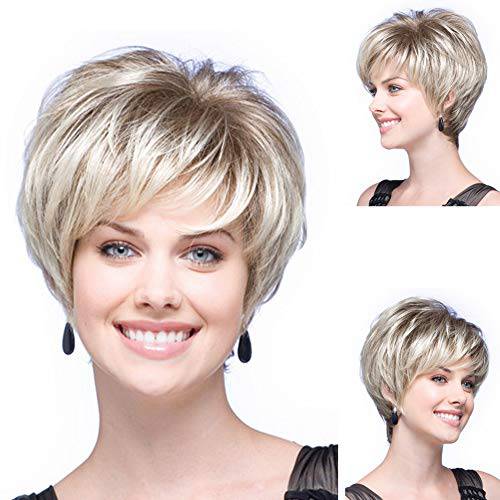 GNIMEGIL Short Blonde Wig with Bangs Pixie Cut for Women Mixed Dark Roots Old Lady Wig Natural Synthetic Ombre Layered Hairstyles Cosplay Christmas Costume Party Everyday Daily Use