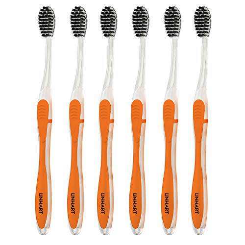 LINHART Extra Soft Toothbrush – Teeth Whitening Toothbrush with Multi Length Bristles, Orange with Black Bristles, 6 Pack