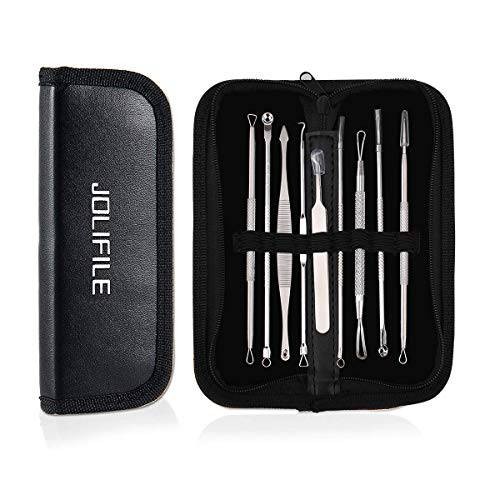 Pimple Popper Tool Kit,JOLIFILE 9-PCS Blackhead Remover Tools with Acne Tweezer,Whitehead Extractor for Face Nose Care