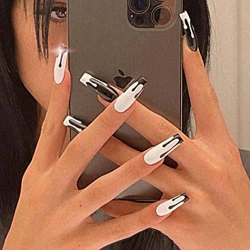 Aksod Glossy Black Fake Nails Coffin Long Press on Nails Designed Ombre Gradient Ballerina Nails Tips Halloween Full Cover Artificial False Nails for Women and Girls 24Pcs (Style Q)