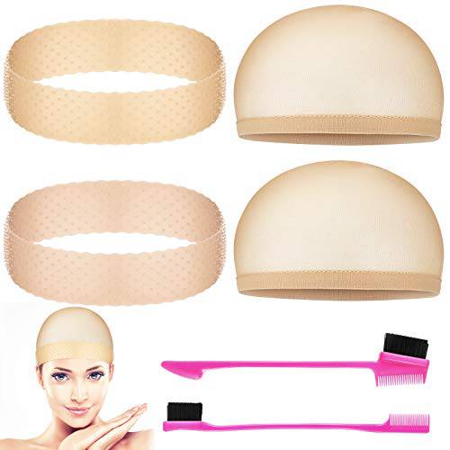 4 Pieces Silicone Wig Grip Band and Stretchy Nylon Wig Cap, Non Slip Silicone Headband for Wigs with 2 Brush for Women Sport Yoga (Light Brown, Brown)