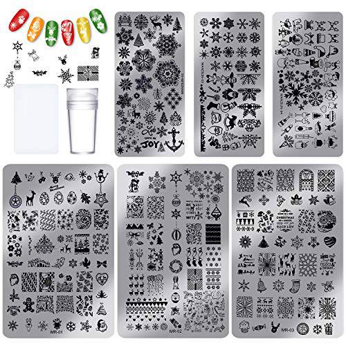 8 Pieces Christmas Nail Stamping Plates Stencils Kit Accessories, Including 6 Pieces Nail Stamping Plates, Stamper, Scraper for Nail